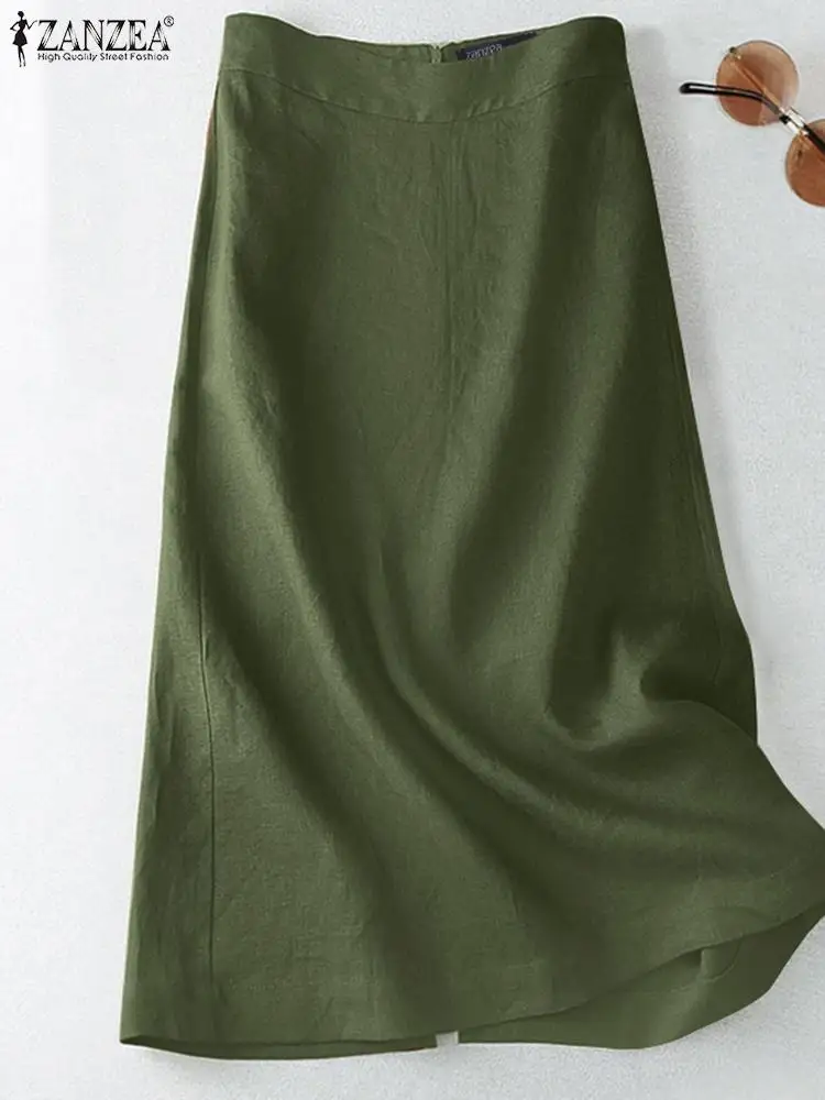 

ZANZEA Summer Fashion OL Work Skirt Woman Solid Color Causal Skirts Elegant Cotton Ankle Length Sundress Robe Faldas Saia 2023