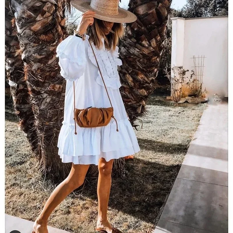 2023 Vestidos Mulher Elegant White High Neck Ruffle Dress Sexy Autumn Long Sleeve Short Loose Dresses Fashion Puff Sleeve Dress