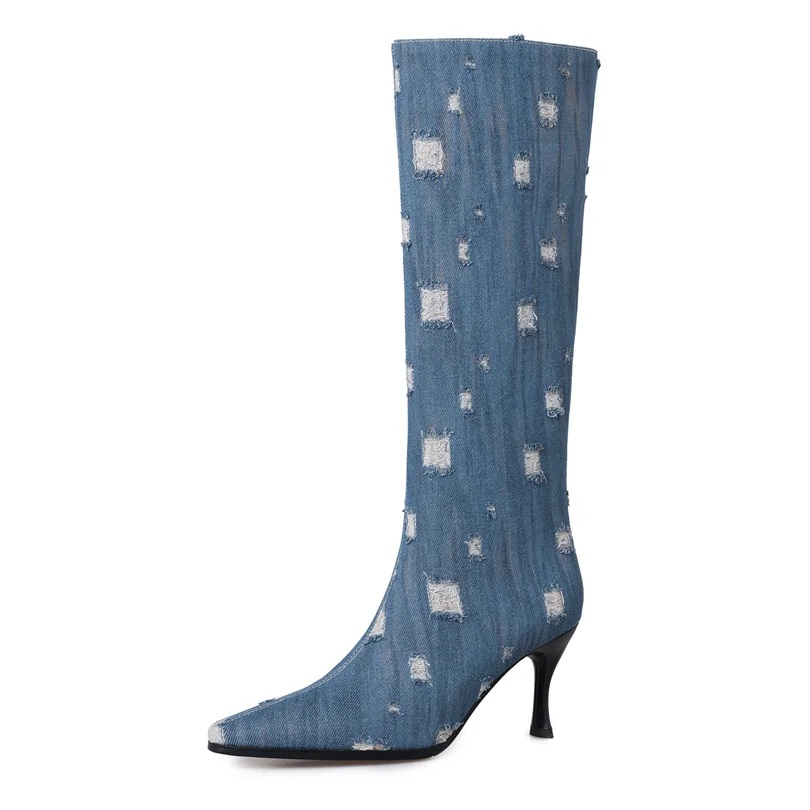

Denim Women Boots Winter 2023 Elegant Pointed Toe Thin High Heels Women Shoes Luxury Sexy Slimming Knee High Boots Dropshopping