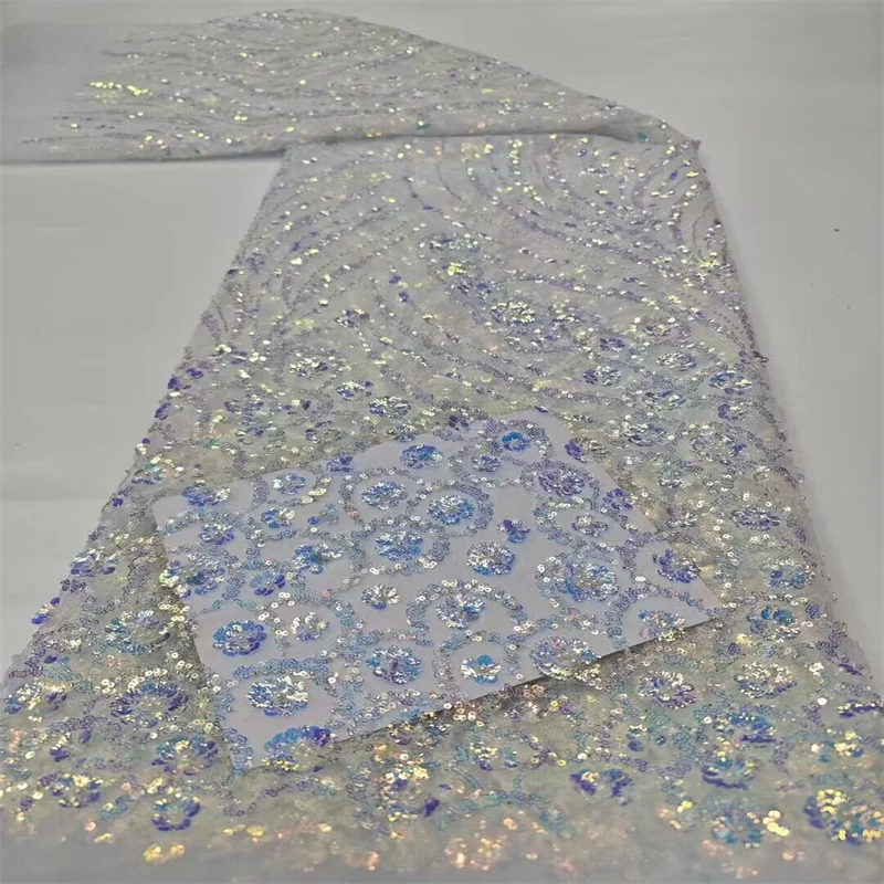 

African 3D Lace Fabric With Sequins Beads Tulle Evening Dresses For Women Embroidery French Fashion Fabrics Sewing 5yards Cloth