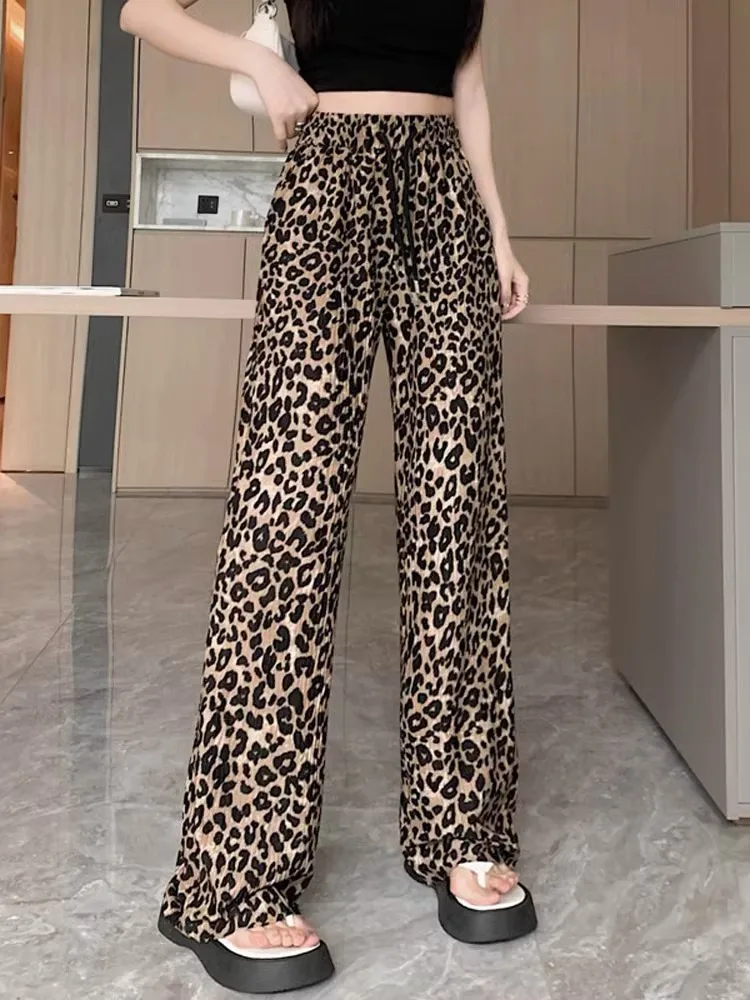 

Leopard Print Wide Leg Pants For Women'S Summer Thin Ice Silk High Waisted Draped Loose Straight Casual Floor Mop Pants