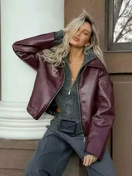 HH الشارع بولي Leather سترة نسائية جلدية خمر موضة سستة كم طويل معطف الإناث 2024 الخريف بدوره إلى أسفل طوق سيدة أبلى 6