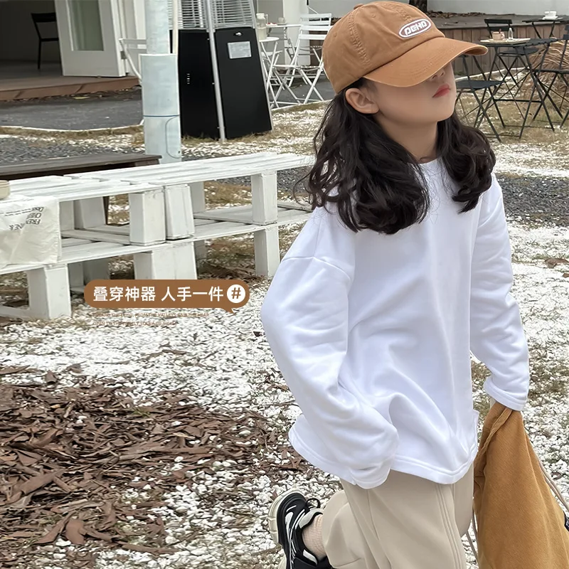 여아용 긴팔 블라우스, 한국 패션 스타일, 플리스, 기본 단색, 심플, 캐주얼, 아동복, 가을, 겨울, 탑 2023 신상