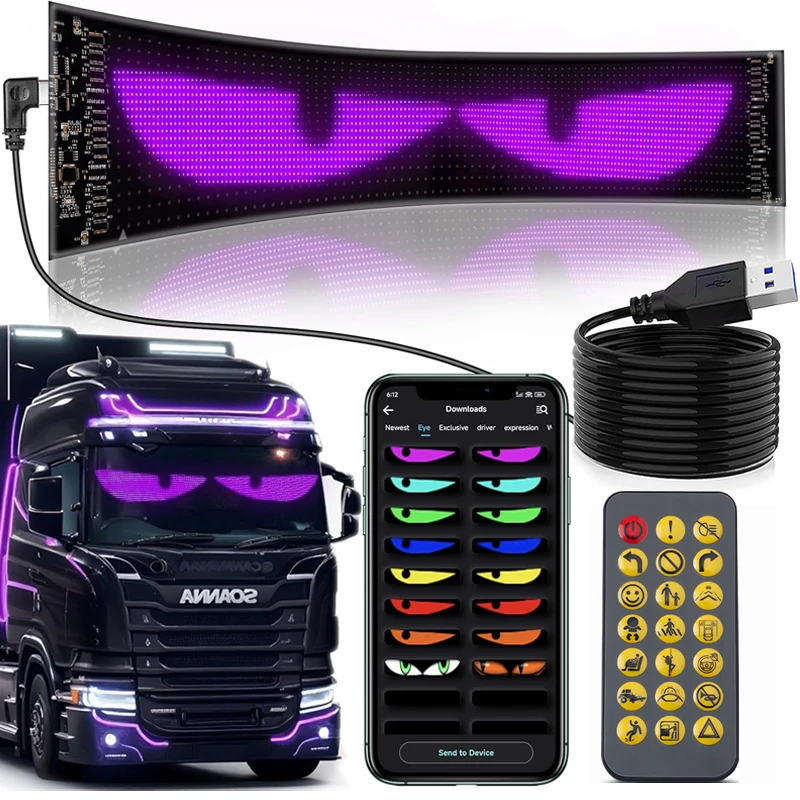 Multifunktionales helles Devil Eyes LED-Licht für die Windschutzscheibe des Autos, flexibel, programmierbar, Scroll-LED-Anzeige, Bluetooth-APP-Steuerung