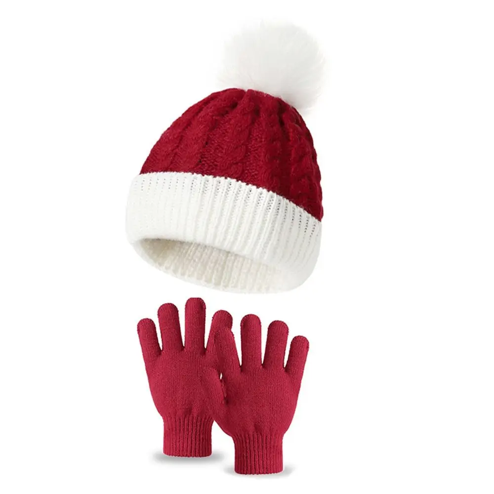 2Pcs/Set Ear Protection Kids Knitted Hat Winter Warm Soft Beanies Cap Windproof Pompon Gloves Set Girls Boys