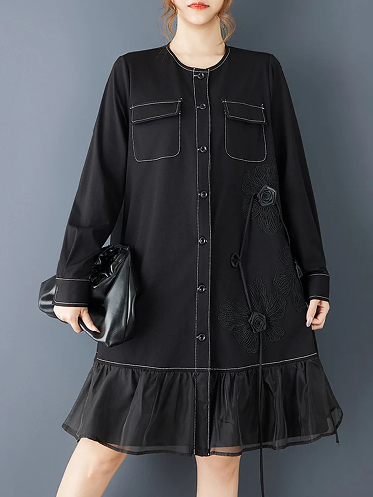 Long Sleeve Patchwork Mesh Oversized Shirt Dresses For Women New Loose Casual  Midi Dress Elegant Clothing Spring Autumn 2025