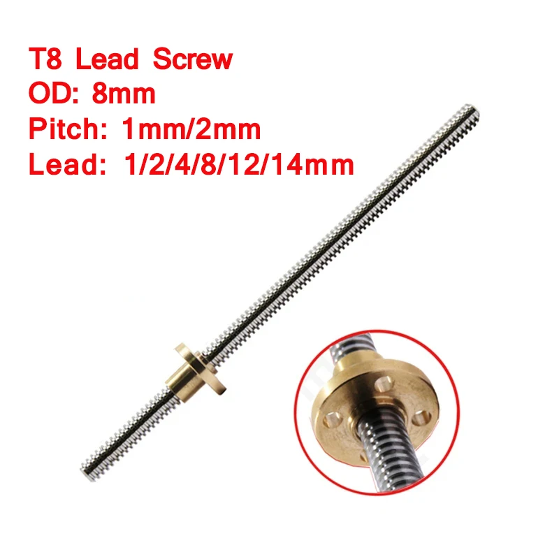 

CNC 3D Printer T8 Lead Screw OD 8mm Lead 1/2/4/8/12/14mm Pitch 1/2mm Lenght 100mm 200mm 300mm 400mm 500mm 600mm with Brass Nut