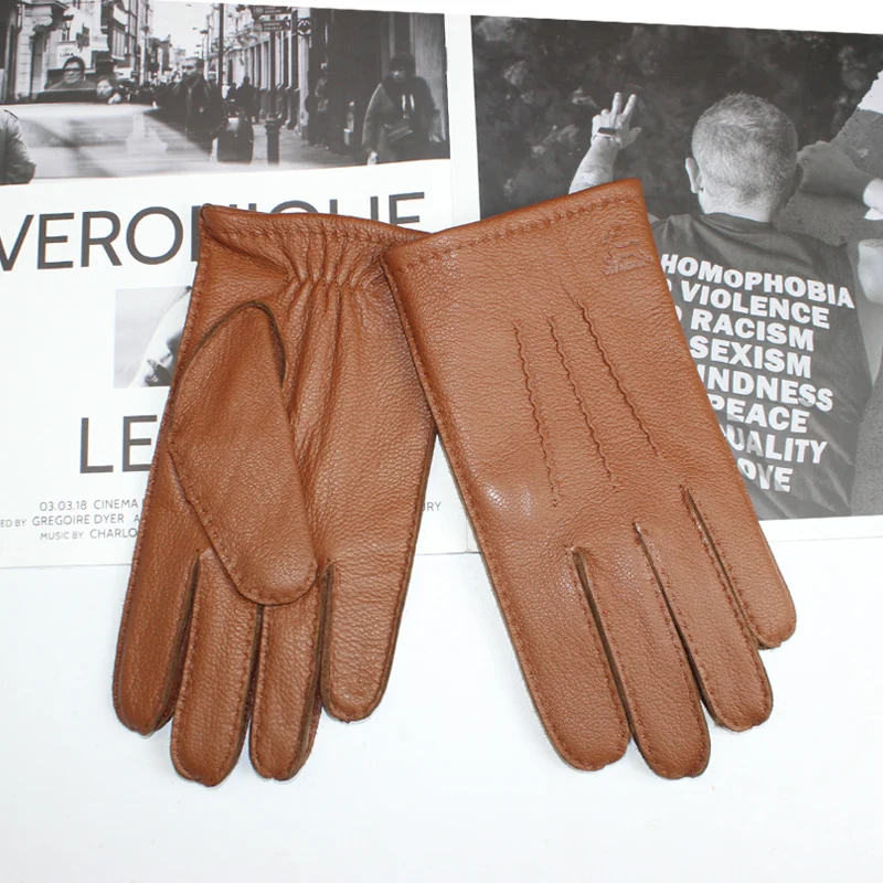 New Men\'s Deerskin Gloves Touch Screen Hand Sewn Classic Fashion Corrugated Breathable Wool Knit Lining Warm Driving Gloves