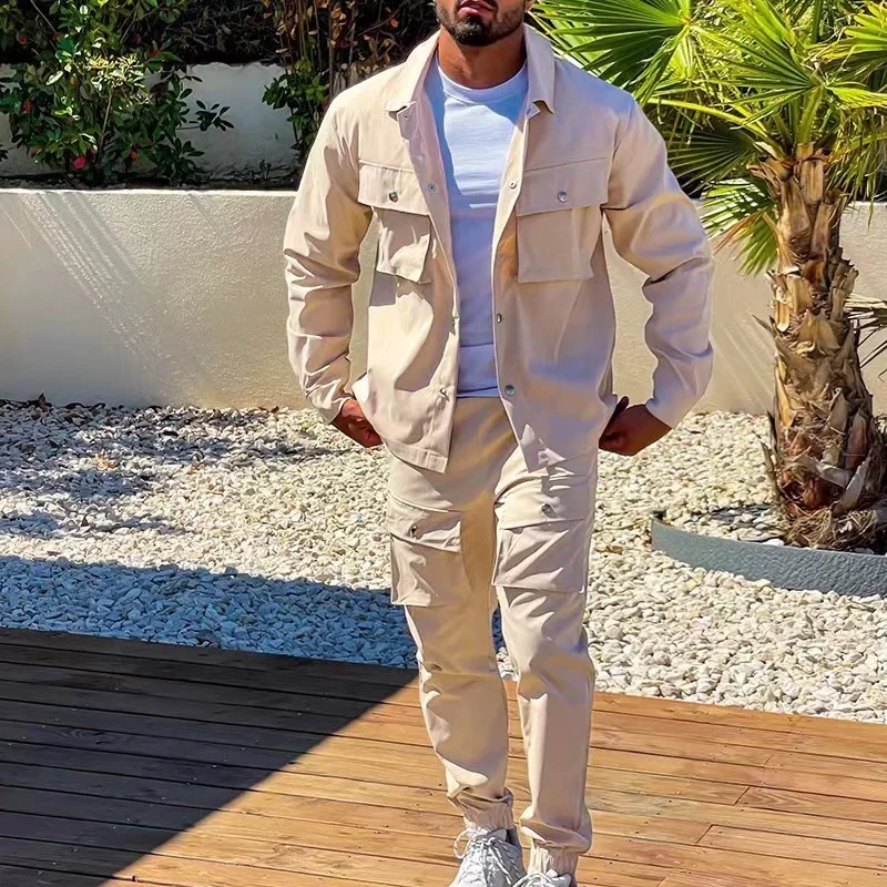 Autumn New Men's Casual Set Style Men's Outdoor Multi Pocket Solid Color Fashion Coat Top Long Sleeve Long Pants Two Piece Set