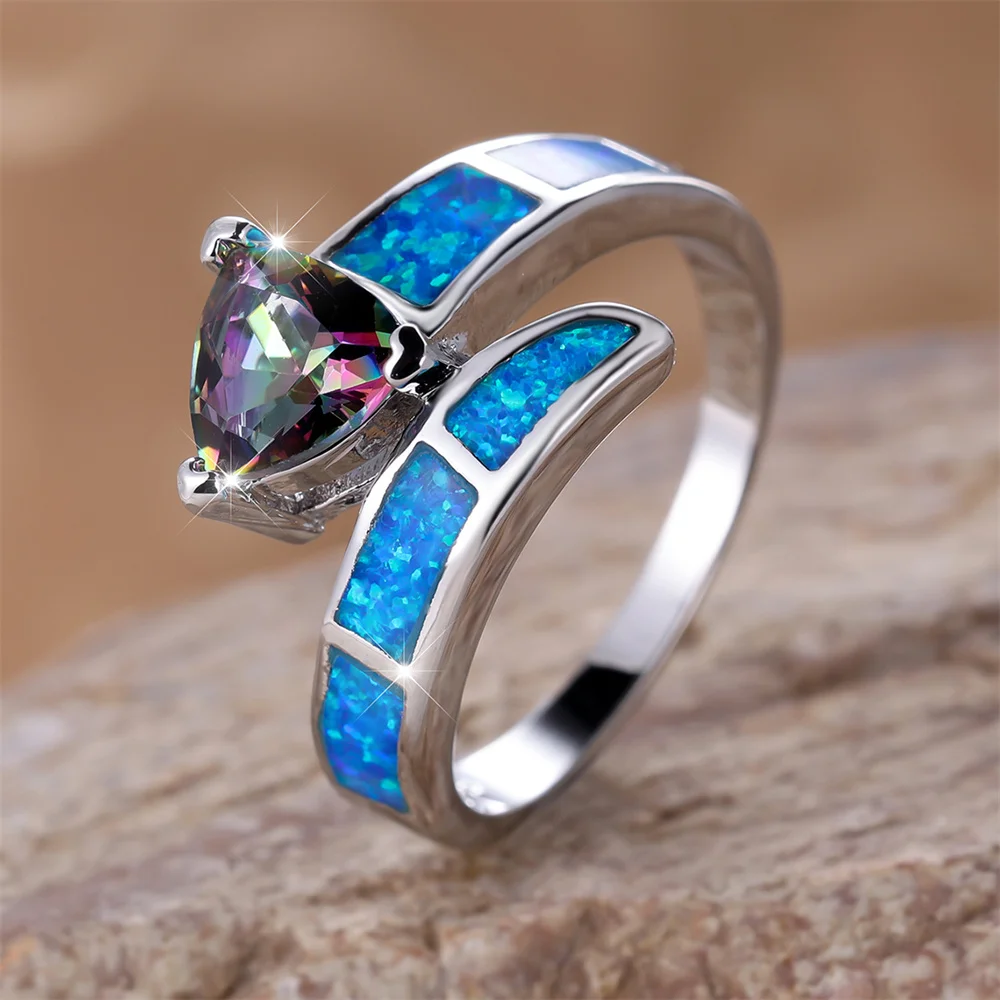 Mystic Rainbow Triangle CZ Stone Ring Blue Fire Opal Engagement Band Rings For Women Vintage Trendy Silver Color Wedding Jewelry