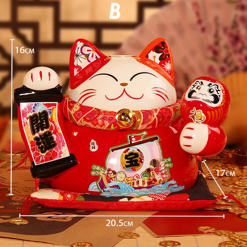8 Inch Ceramic Maneki Neko Coin Bank Red Lucky Fortune Cat