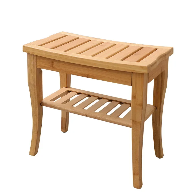 Bamboo Bathroom Stool Stable Shoe Bench Heavy-Duty Shower Organizer Multi-Purpose Bath Bench for Home Use