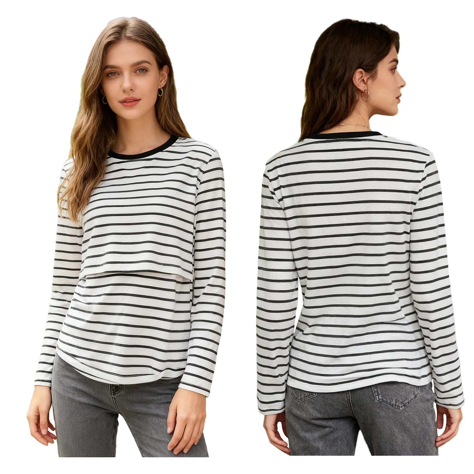 임산부 수유 티셔츠 캐주얼 코튼 스트라이프 긴팔 수유 티셔츠 임신 여성 산후 상의 데일리웨어