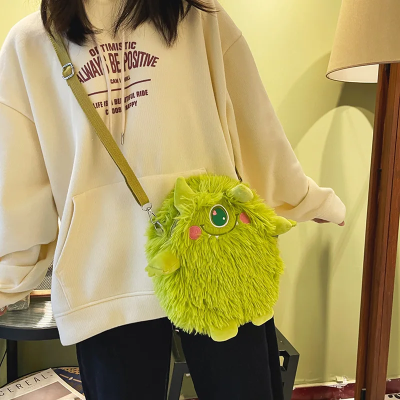 Women new Japanese cute funny plush handbag personality embroidery little monster plush girl student shoulder bag female bag 