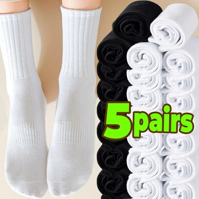 Pure Cotton Sports Socks 1/5pairs Mid Calf Soft Breathable Athletic Socks Soft Comfortable Solid Hosiery