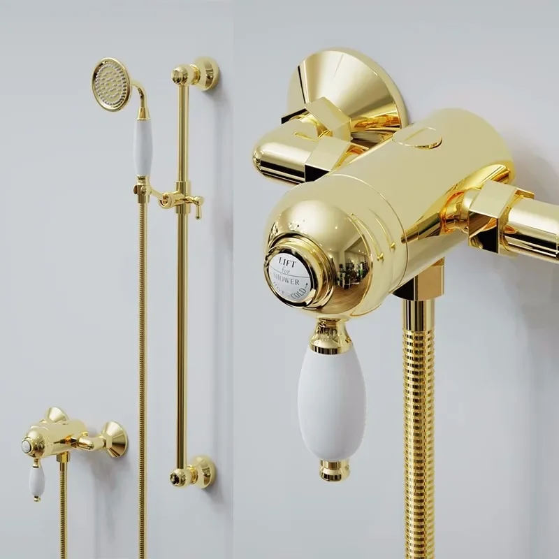Description Picture 2 of itemBathroom Shower Set Wall Mounted Gold Single Lever Classical Faucet Bath & Mixer Tap Brass Shinning Gold