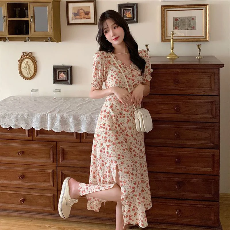 

Summer Pink Floral Women Mid Calf Dresses Split Fork French Fashion Casual Harajuku Elegant Clothing Vacation Travel Photograph