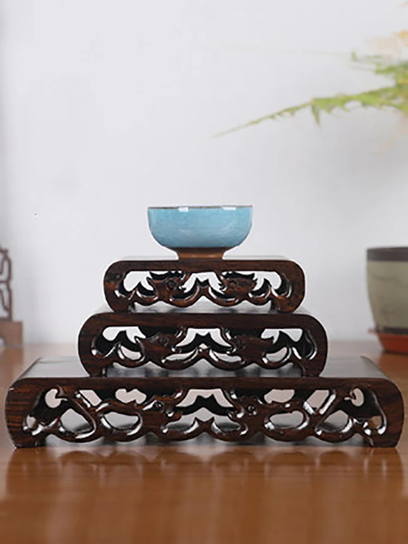 Wooden Pedestal Display Stand, Oblong Hollow Out, Carving Ornaments, Cup, Teapot incense Burner, Buddha Rectangle Bass Holder