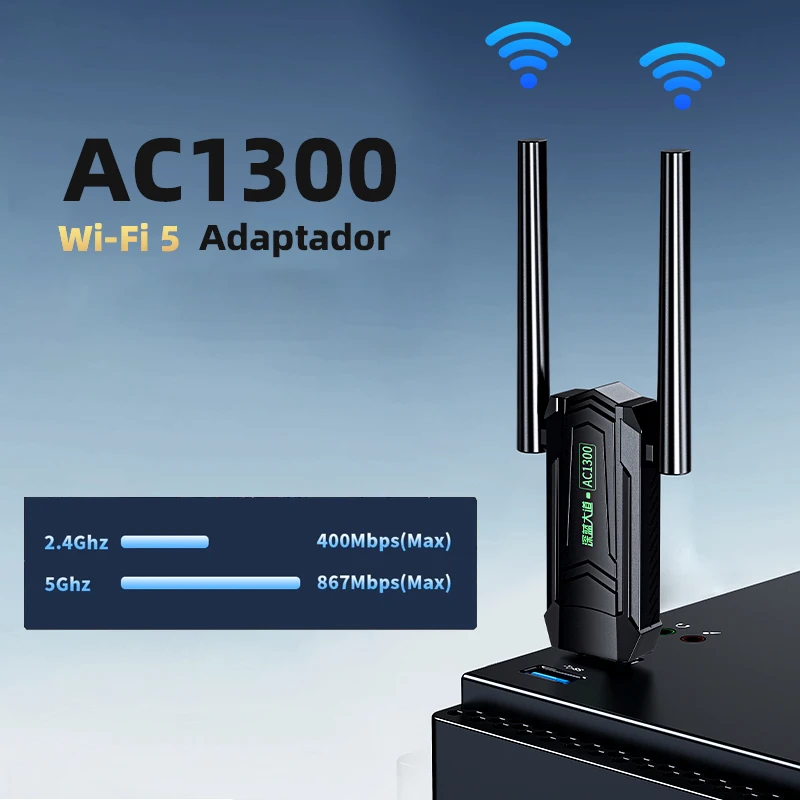 WiFi 어댑터 AX1300 5dBi 안테나 5G&2.4G 듀얼 밴드 WiFi6 동글 (데스크탑 PC 윈도우용 USB 이더넷 무선 네트워크 카드)