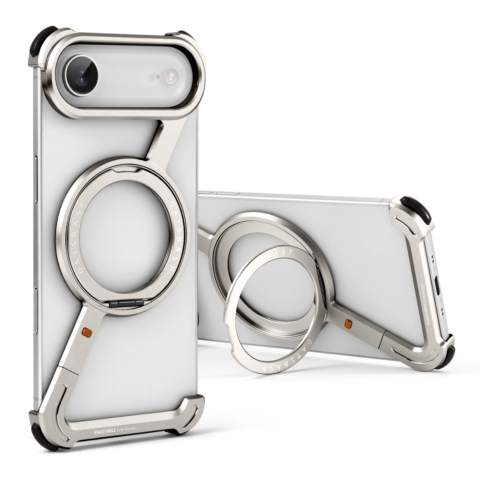 Oatsbasf Metal Frameless Phone Case with 360° Rotatable Ring Stand - Shockproof Bumper Design