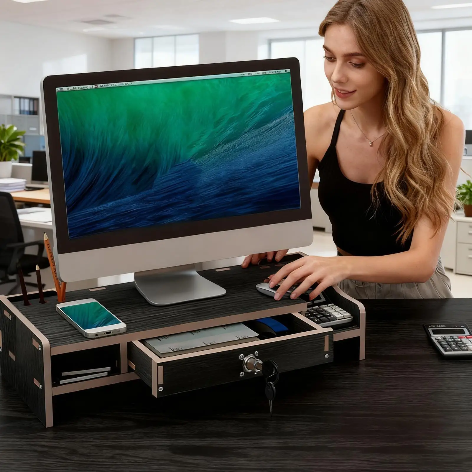 Monitor Stand Riser Ergonomic Height With Drawer Desk Shelf Organizer For Laptop Printer PC TV Screen Pen Home Dorm Hotel