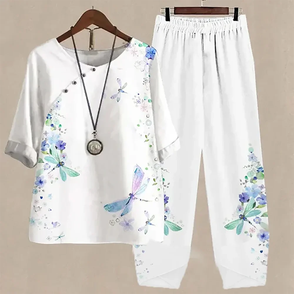 Vogue White Floral Chiffon Shirts And Flared Trousers Two Piece Set Spring main image 0
