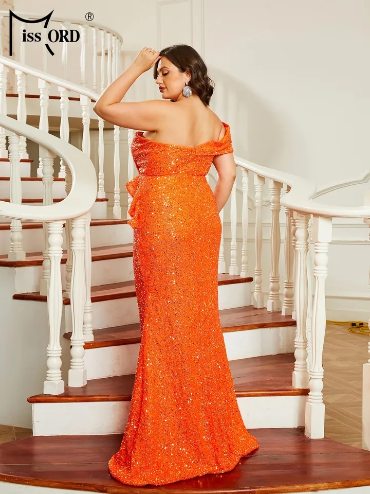 Plus Size Orange Sequin Dress Plus Size Orange Sequins Plunging Neck Long  Train Trumpet Prom Dress