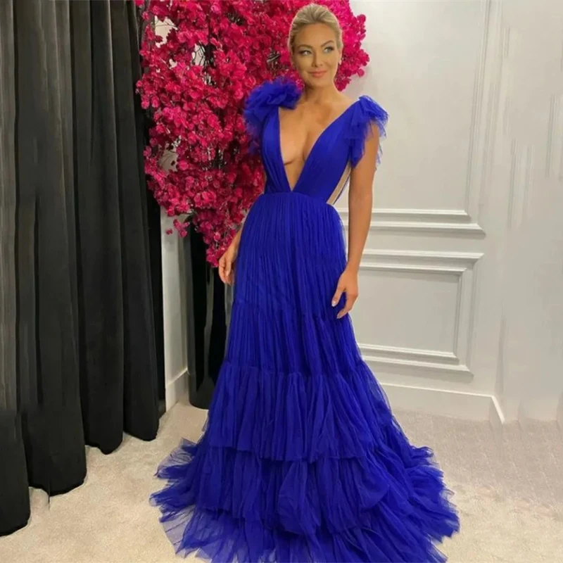 

Sapphire Blue Prom Dress 2023 Sexy Deep V-neck A-line فستان سهرة Floor Length Vestido De Novia Sexy Prom Gown