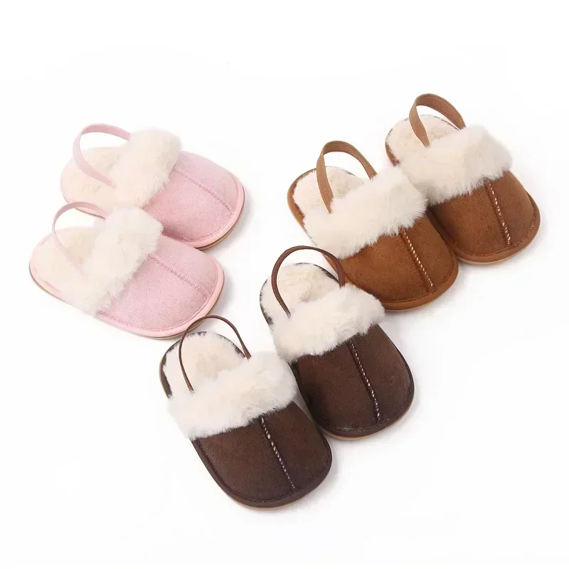 Winter Baby Slippers Fluffy Baby Boy Girl Sandals Cute Flower Embroidery Soft Non-slip Sole Toddler First Toddler Shoes
