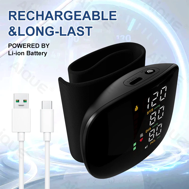 AiQUE Recharge LED Wrist Blood Pressure Monitor Voice Heart Rate Pulse BP Monitor