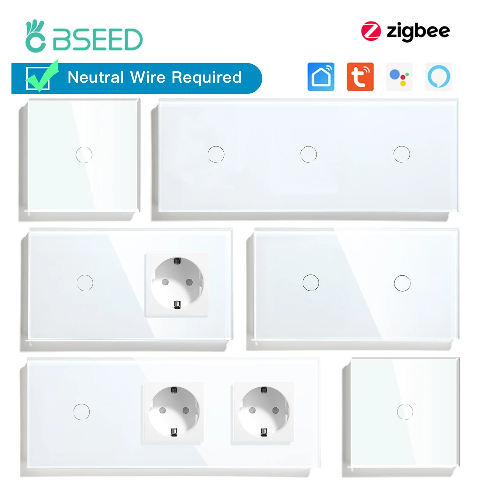 Bseed-interruptores de Luz de Toque Zigbee Tuya Smart Life Controle do Aplicativo Alice Soquetes Normais da ue Neutro Necessário Gang Gang 3gang Way Way 3way