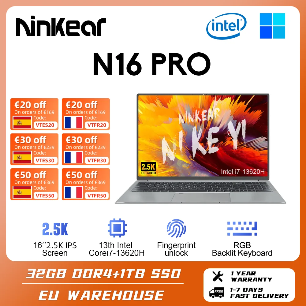 Ninkear N16 Pro Laptop Intel Core I7-13620H Wifi 6 2.5K 165Hz 32Gb + 1Tb Ssd Windows 11 Notebook Gaming Office Computer Notebook