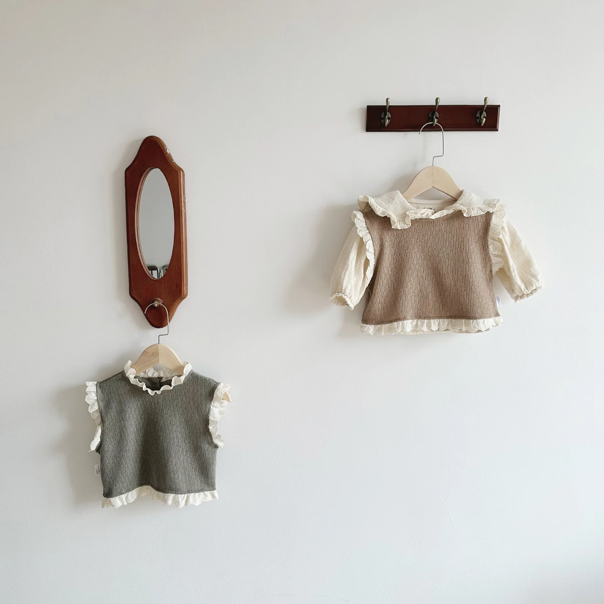  니트 할로우 아웃 레이스 조끼, 소녀  공주 민소매 상의,  코튼 조끼, 아이 코스튬, 2024 용수철 가을