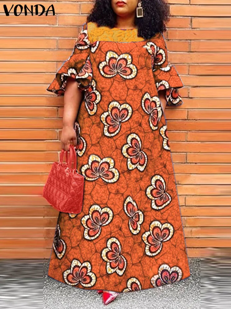 

VONDA Bohemian Ruffled Maxi Dress 2024 Women Flare Sleeve Lace Patchwork Floral Printed Sundress Summer Holiday Beach Vestidos