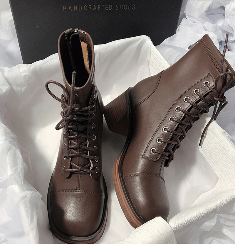 New Leather Ankle Boot For Women Motor Boot Retro Lace-up High Heels Shoes Woman Short Boot Square Toe Footwear 34-40