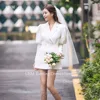 LISM Elegant Short Mini Korea Suit Wedding Dresses Customized Long Sleeve Puffy Vestidos De Novia Photo Shoot Bridal Party Gown 1