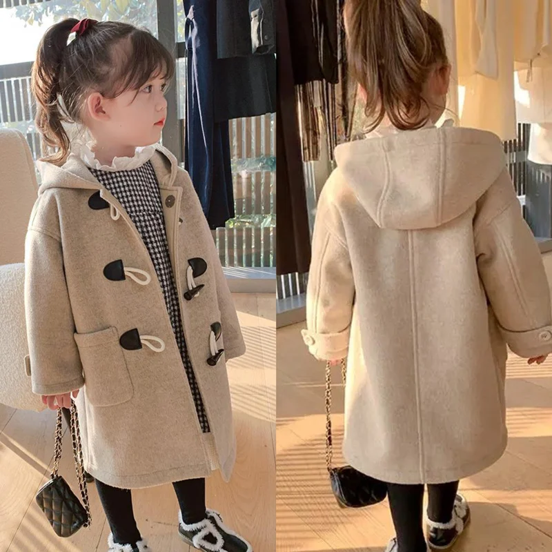 Girls Wool Coat Jacket Outerwear 2023 Long Warm Thicken Plus Velvet Winter Autumn Cotton School Teenagers Children's Clothing