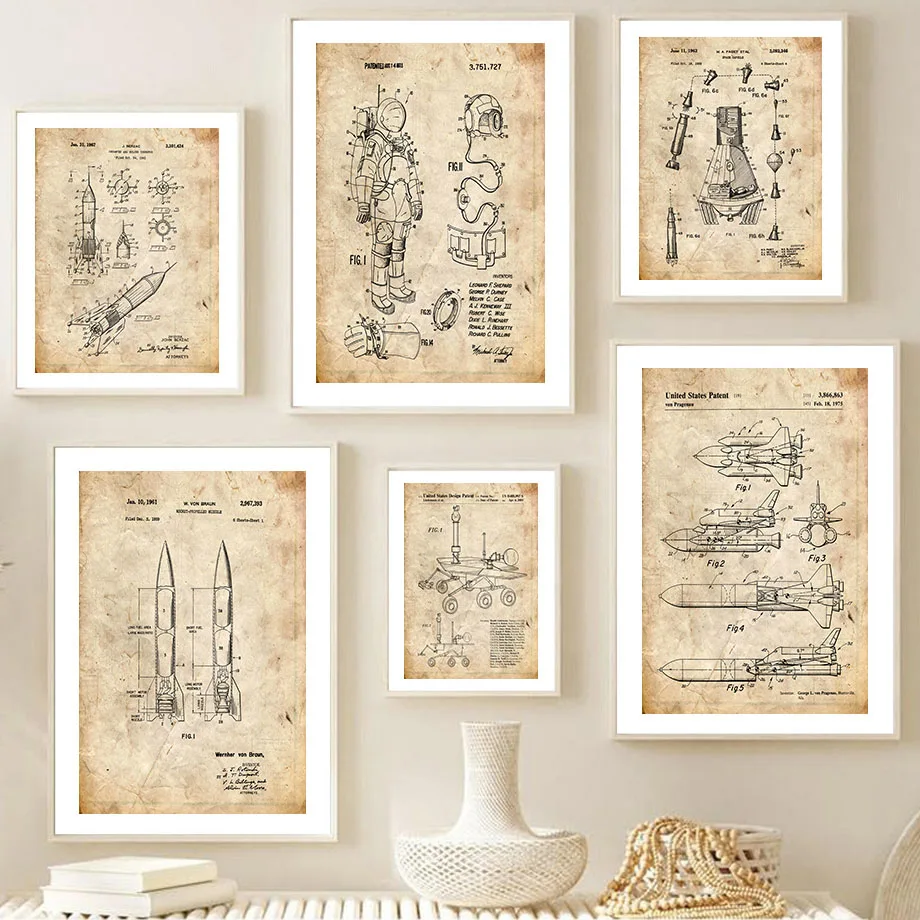 

Retro Astronaut Spacecraft Rocket Anatomy Blueprint Nordic Posters Wall Art Print Canvas Painting Pictures For Living Room Decor