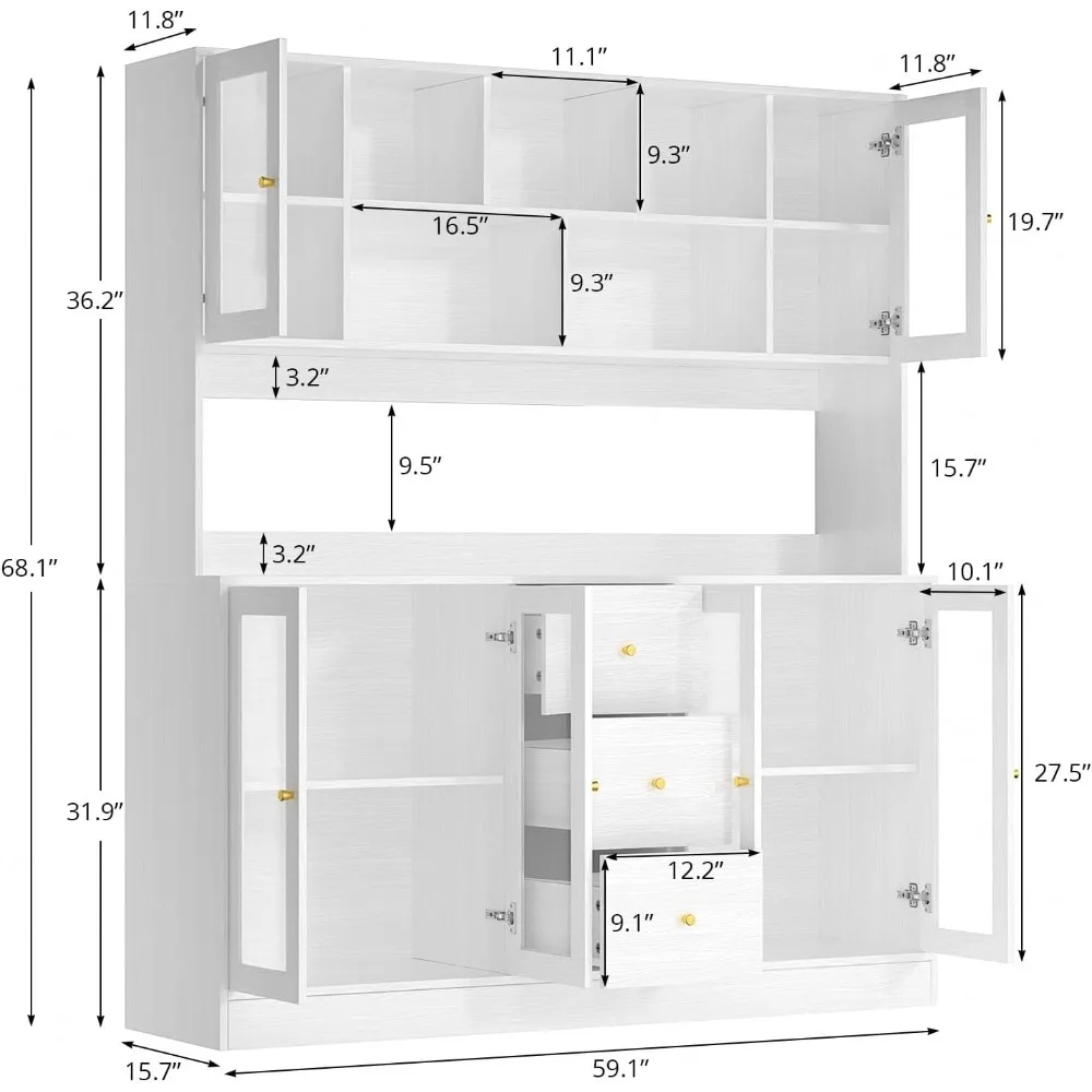 Large Kitchen Hutch Cabinet, Kitchen Pantry Storage Cabinet with 6 Glass Doors, 3 Drawers,Microwave Shelf, Freestanding Cupboard 2