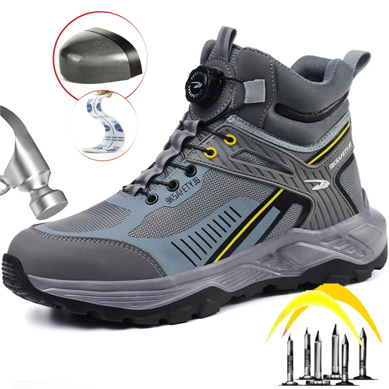 New Rotated Button Men Work Safety Boots High Top Steel Toe Sneakers Stab Proof Anti-smash Men's Safety Shoes Man Construction