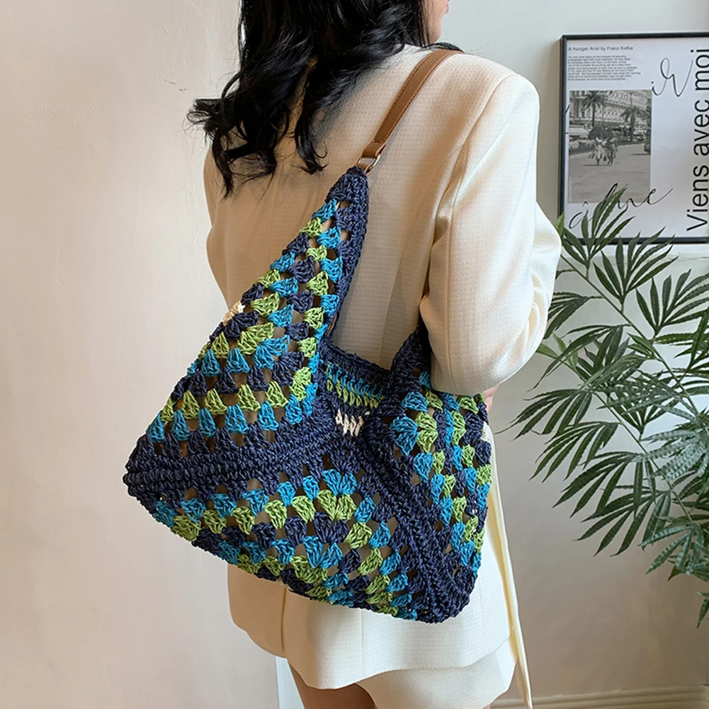 Women Summer Beach Bag Large Capacity Crochet Hobo Bags Hollow Out Handbags Patchwork Hasp Closure for Beach Vacation