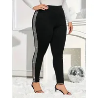 Plus Size New Women's Casual Rhinestone-Trimmed Tight Leggings - Stretchy Solid Color All-Season Machine Washable - Image 4