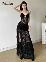 Nibber Sexy See Through Lace Sleeveless Long Dress Women Patchwork Summer Backless V-neck Side Slit Party Evening Maxi Vestidos