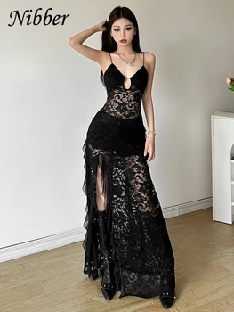 Nibber Sexy See Through Lace Sleeveless Long Dress Women Patchwork Summer Backless V-neck Side Slit Party Evening Maxi Vestidos 1