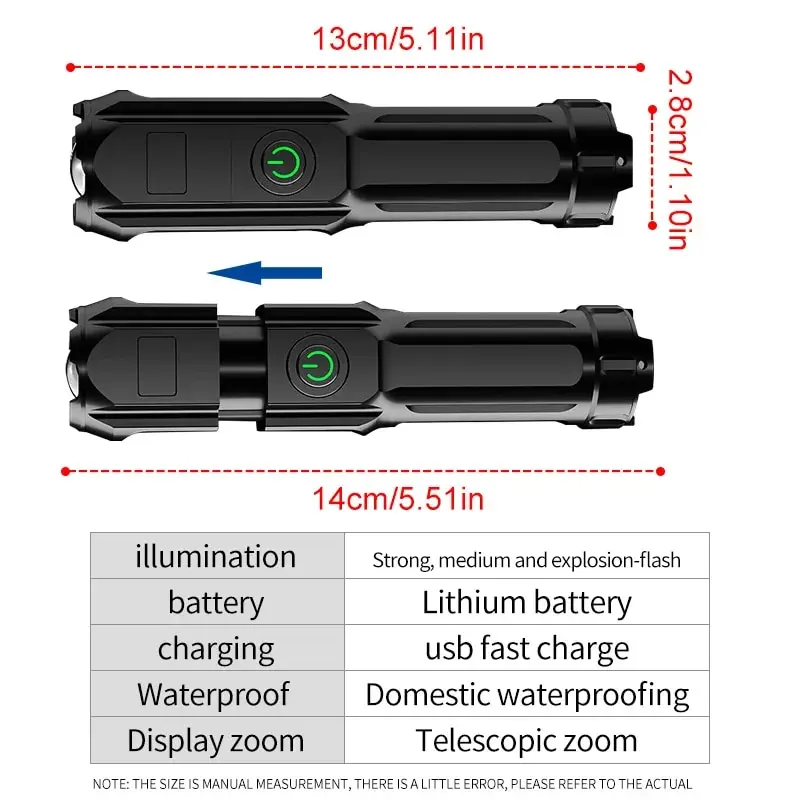 Powerful LED Flashlight Telescopic Zoom Tactical Torch USB Charging Spotlight 4 Lighting Mode Long-Range ABS Outdoor Flashlight