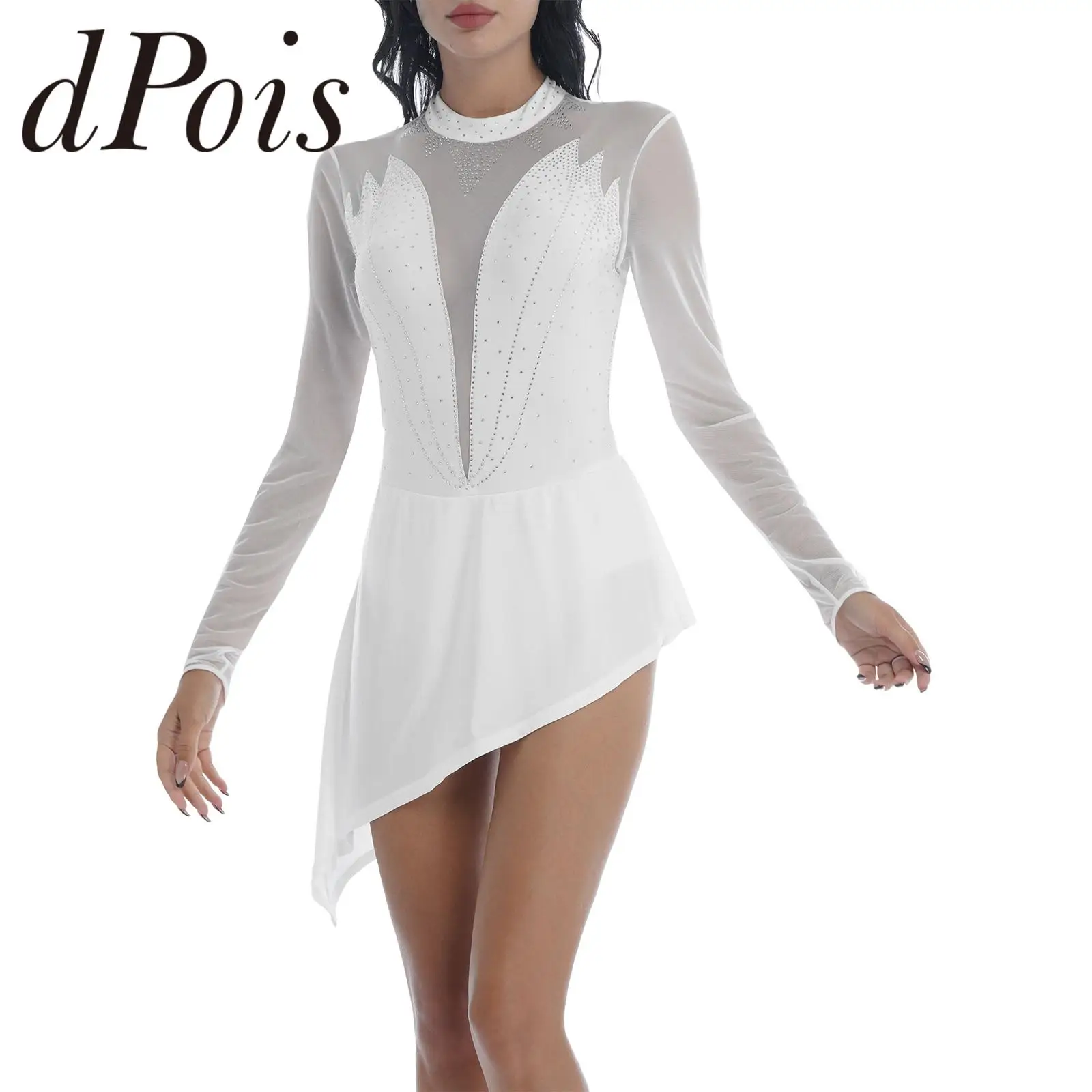 Women Adults Figure Skating Dress Diamond Mesh Long Sleeve Ballet Dress Gymnadtics Leotards for Daning Competition Clothes