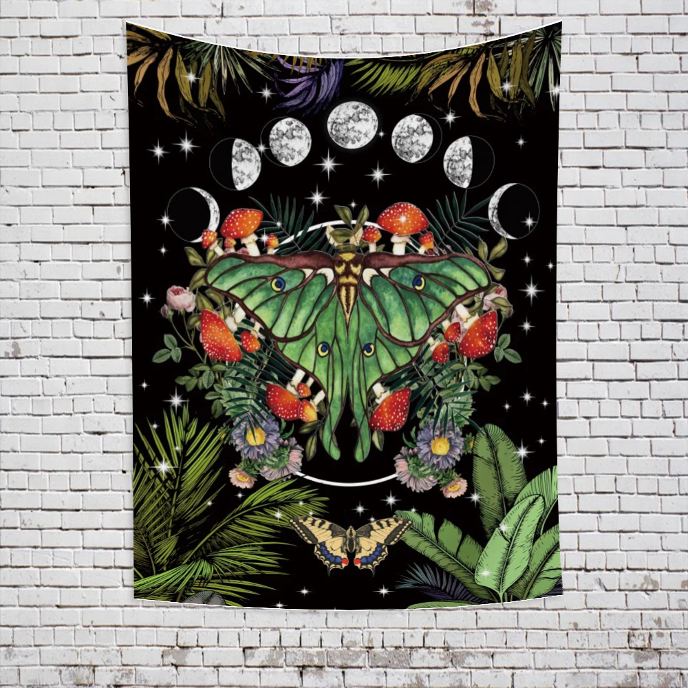 

Mushroom Skeleton Tapestry Wall Hanging Hippie Trippy Moon Phase Moth Tapestry Art for Bedroom Living Room Dorm Home Decor