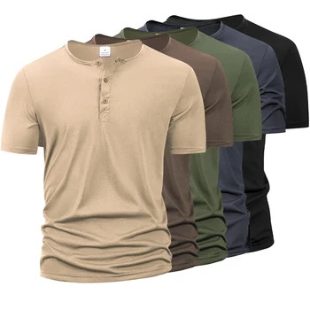 Summer Men Henley Collar T-shirts Button Slim Casual Male Solid Color Short Sleeve Men Sports T-shirt Polo shirt Tops 1