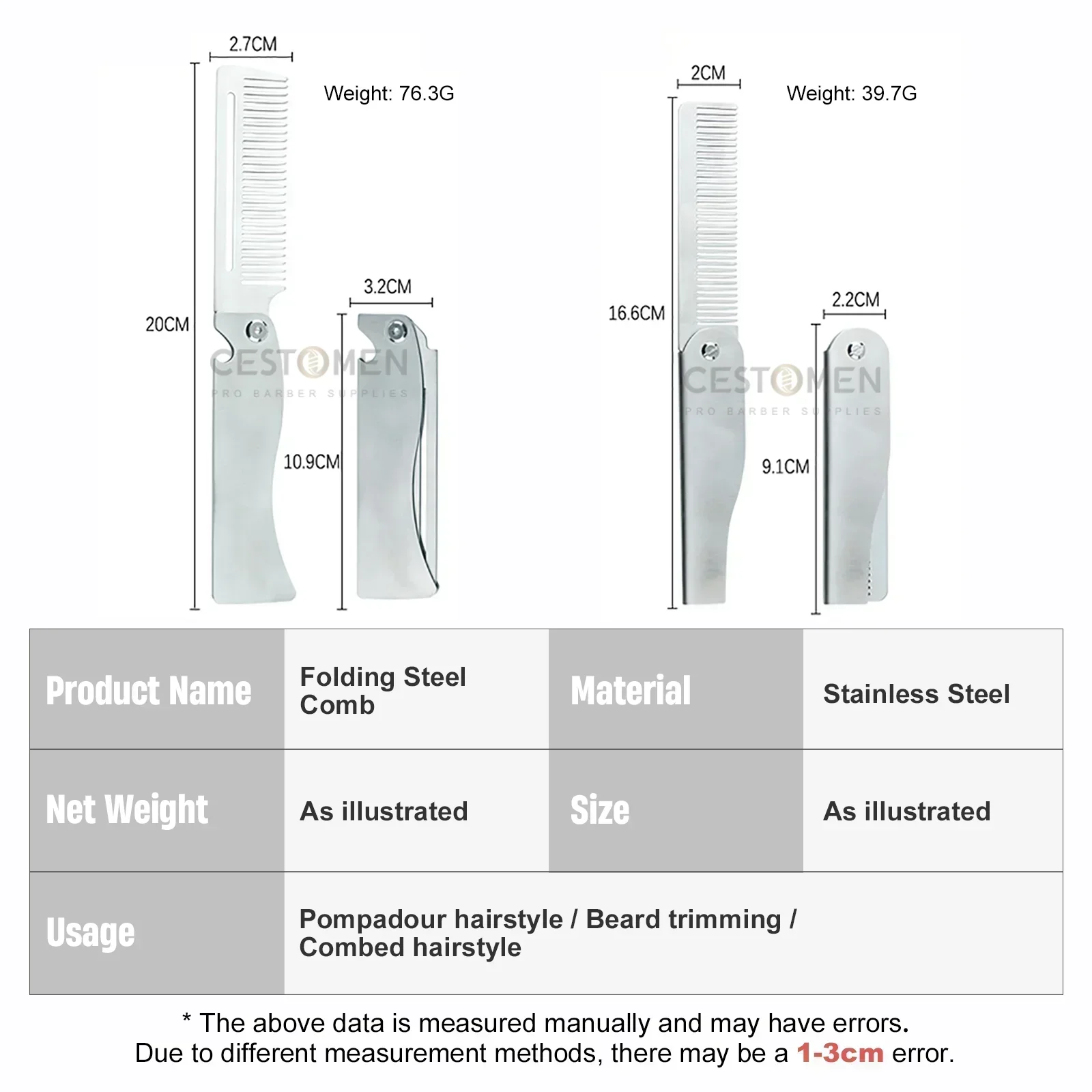 NEW Folding Stainless Steel Comb Men Retro Oil Head Combs Barber Hair Clipper Comb Portable Groom Beard Comb Salon Styling Tools 5