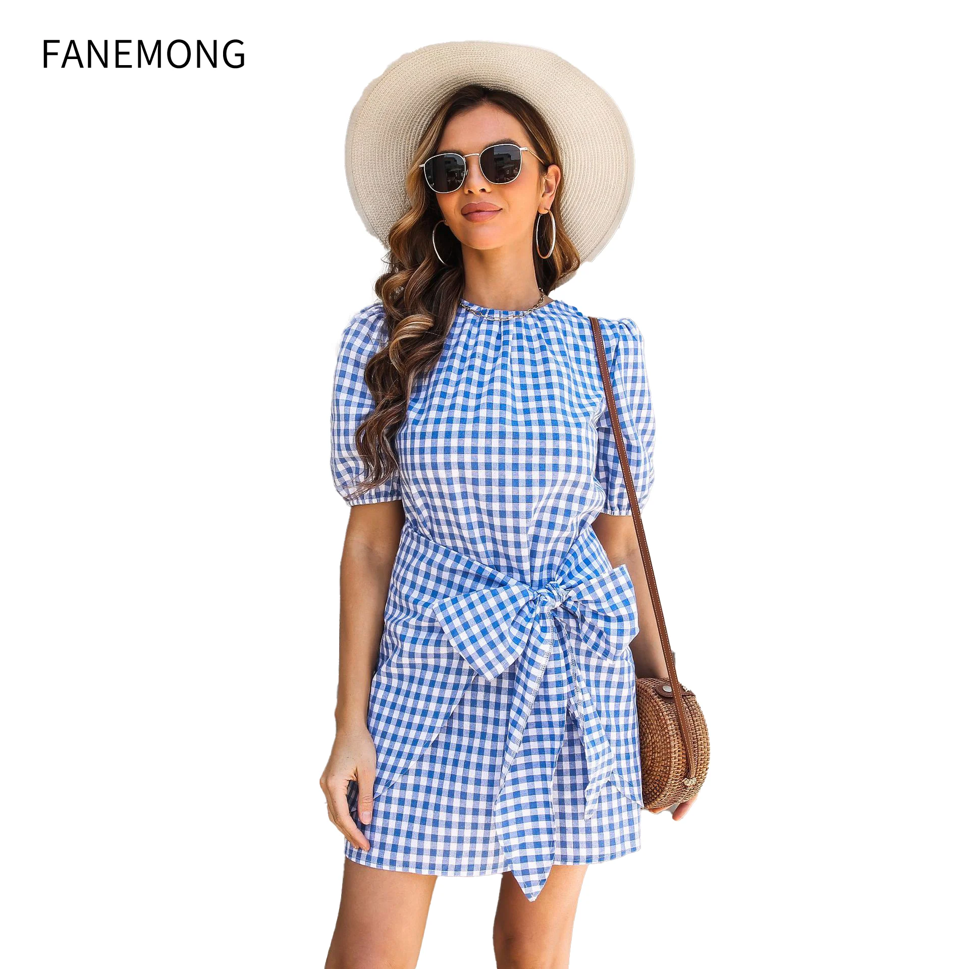 

Dresses For Women 2022 Elegant Wrap Casual Women's Dresses Mini Blue Lattice Bow Tie Tunics Lantern Sleeve O-Neck
